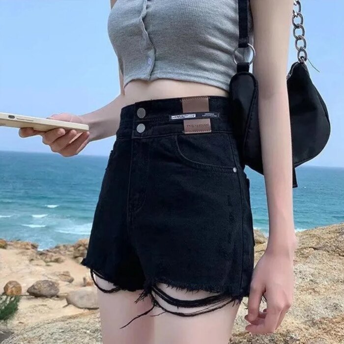 Feynzz Fashion New Summer Women High Waist Button Wigh Leg Jeans Shorts Casual Female Loose Fit Blue Denim Shorts - Image 1