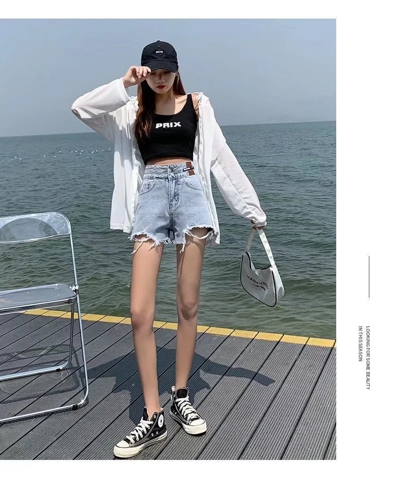 Feynzz Fashion New Summer Women High Waist Button Wigh Leg Jeans Shorts Casual Female Loose Fit Blue Denim Shorts