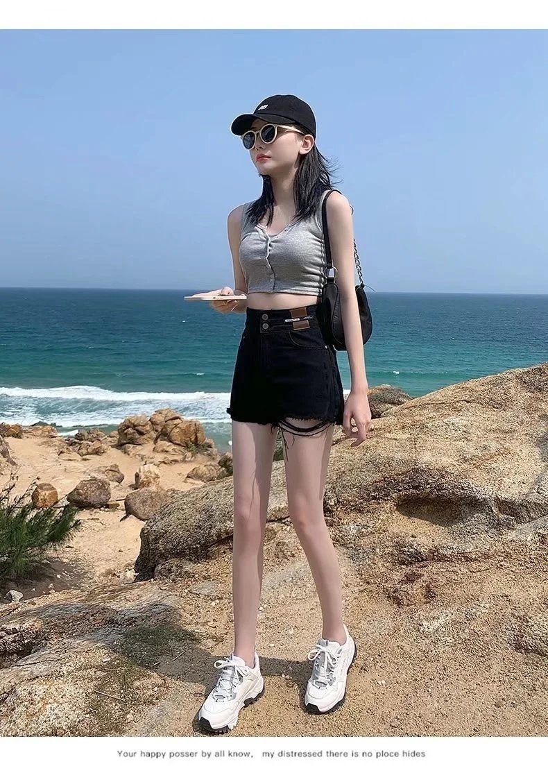 Feynzz Fashion New Summer Women High Waist Button Wigh Leg Jeans Shorts Casual Female Loose Fit Blue Denim Shorts
