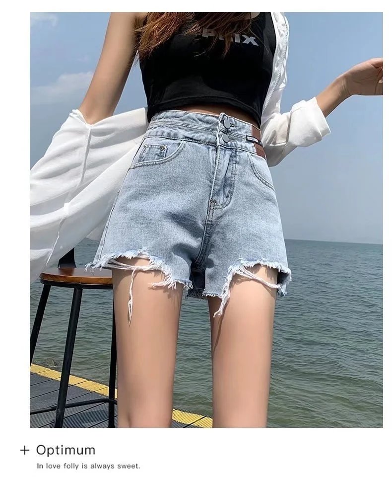 Feynzz Fashion New Summer Women High Waist Button Wigh Leg Jeans Shorts Casual Female Loose Fit Blue Denim Shorts