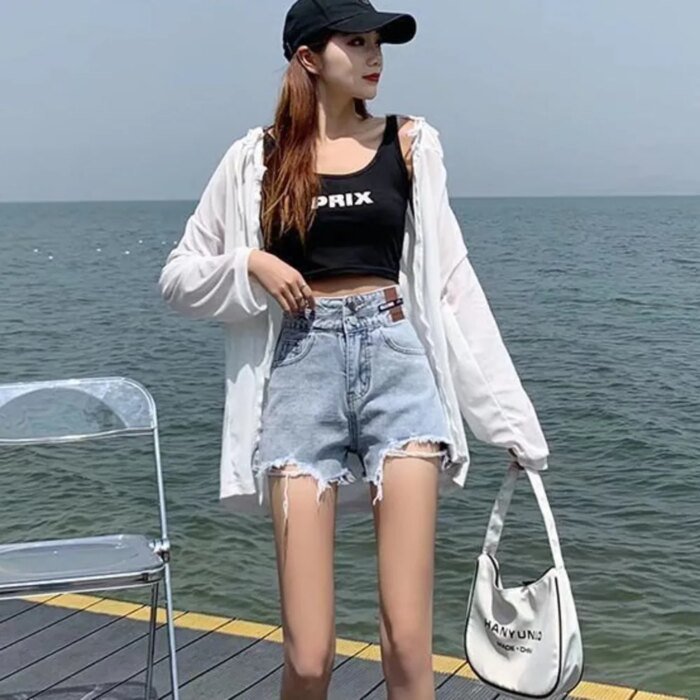Feynzz Fashion New Summer Women High Waist Button Wigh Leg Jeans Shorts Casual Female Loose Fit Blue Denim Shorts - Image 4