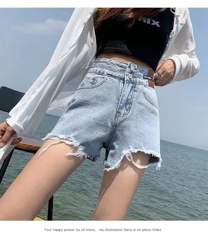 Feynzz Fashion New Summer Women High Waist Button Wigh Leg Jeans Shorts Casual Female Loose Fit Blue Denim Shorts