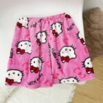 Women Y2k Flannel Pajamas Shorts Cartoon Hello Kitty Fashion Trousers Kawaii Short Pants Elastic Waist Button Casual Home Pants - Image 3