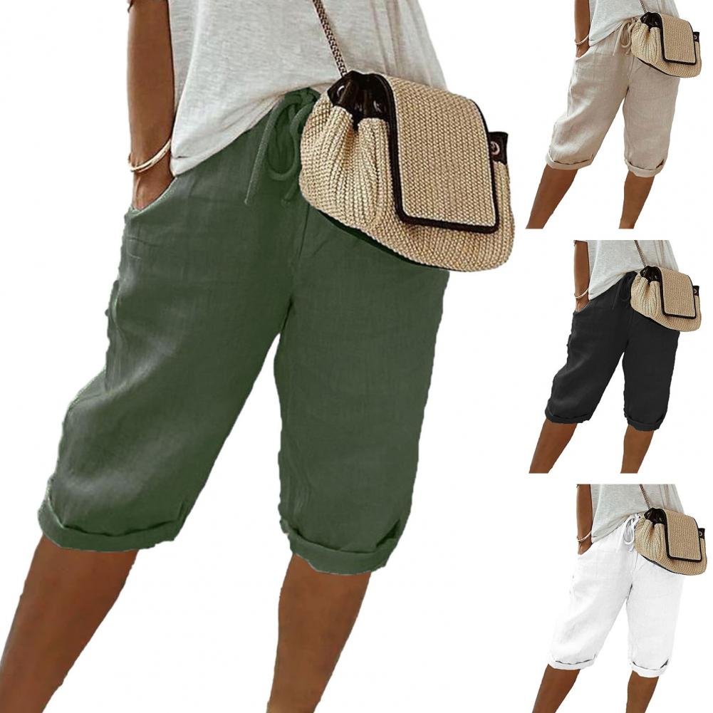 Women Shorts Vintage Style Loose Drawstring Knee-length Pants for Ladies Breathable Elastic Waist with Pockets A Wardrobe