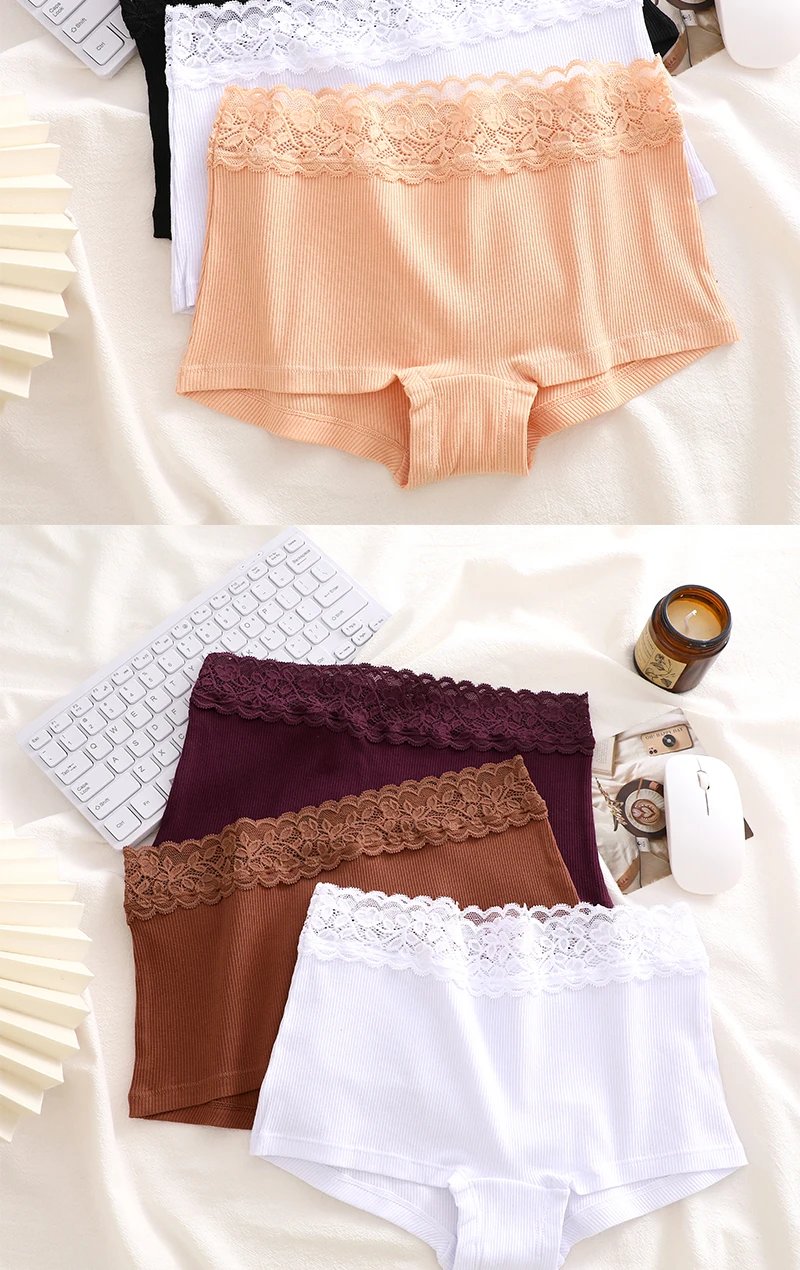 FINETOO Cotton Breathable Panties Patchwork Lace Panty Low Waisted Underwear Skin Friendly Four shorts Women Flat Corner Pants FINETOO Cotton Breathable Panties Patchwork Lace Panty Low Waisted Underwear Skin Friendly Four shorts Women Flat Corner Pants