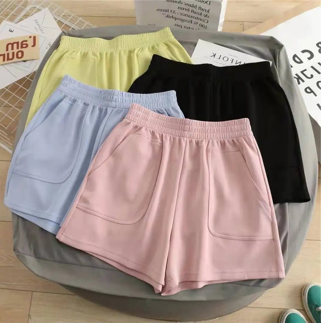 Women's Shorts with Pocket Summer Solid Color High Waist Hot Pants Casual Loose Sports Pants Elastic Waist Girls Cycling Shorts