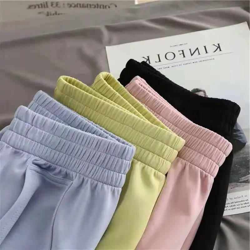 Women's Shorts with Pocket Summer Solid Color High Waist Hot Pants Casual Loose Sports Pants Elastic Waist Girls Cycling Shorts