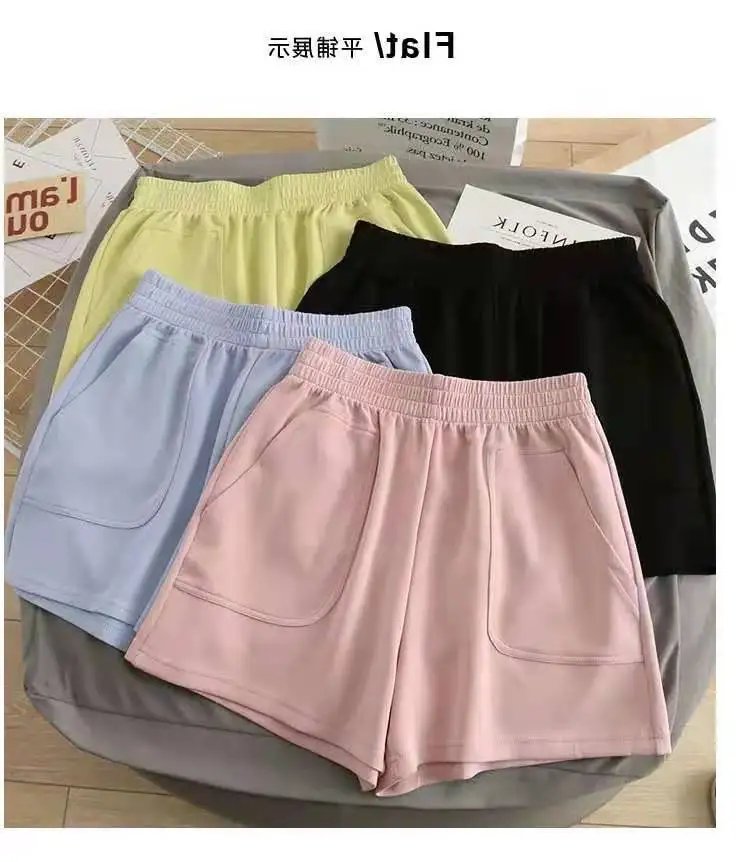 Women's Shorts with Pocket Summer Solid Color High Waist Hot Pants Casual Loose Sports Pants Elastic Waist Girls Cycling Shorts