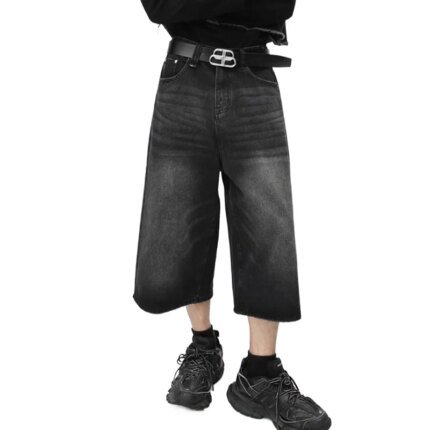 Fashion Vintage Y2k Baggy Denim Shorts Wide Leg Pants For Women&Men High Waisted Wash Knee Length Jeans Shorts Oversize Pants