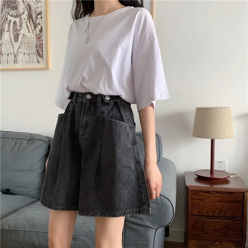 Women High Waist Denim Shorts 2024 Summer Wide Leg Straight Short Pants Vintage Streetwear Thin Female Casual Loose Jeans Shorts
