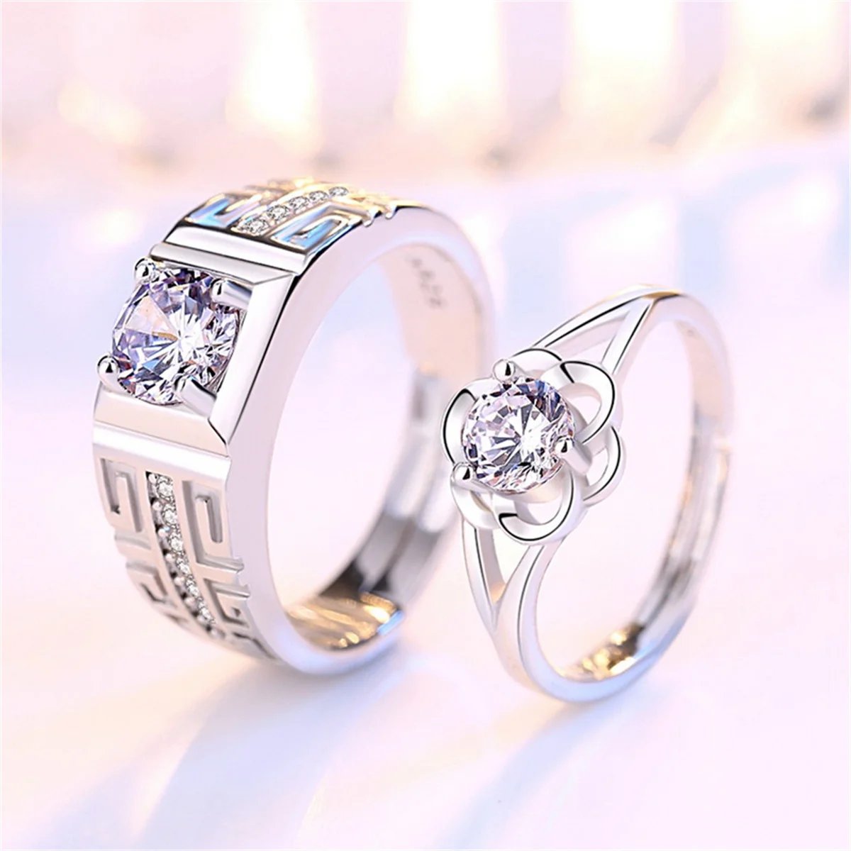 2Pcs Silver Color Luxury Zircon Crown Cross Couple Rings For Lovers Forever Endless Love Wedding Bands Ring Valentines Day Gifts