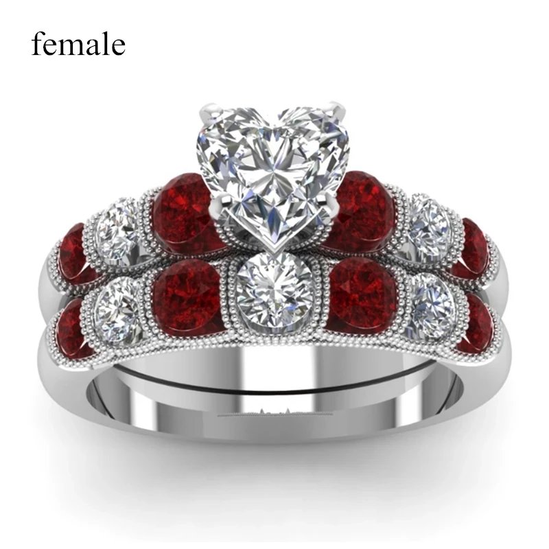 2021 Couple Ring Women White Gold Color Heart Garnet Ring Men Stainless Steel Wedding Engagement Band Valentine Day Gift Jewelry