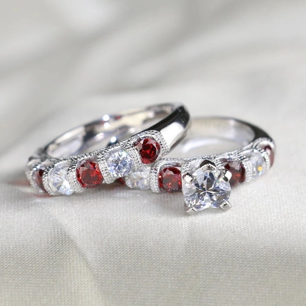 2021 Couple Ring Women White Gold Color Heart Garnet Ring Men Stainless Steel Wedding Engagement Band Valentine Day Gift Jewelry