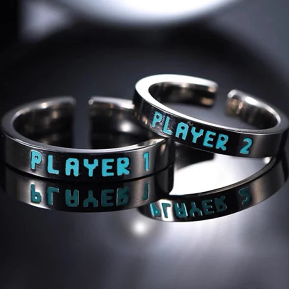 Luminous Ring for Couple Creative Glowing in the Dark Player 1 Player 2 Matching Gaming Ring for Women Men Valentine's Day Gift