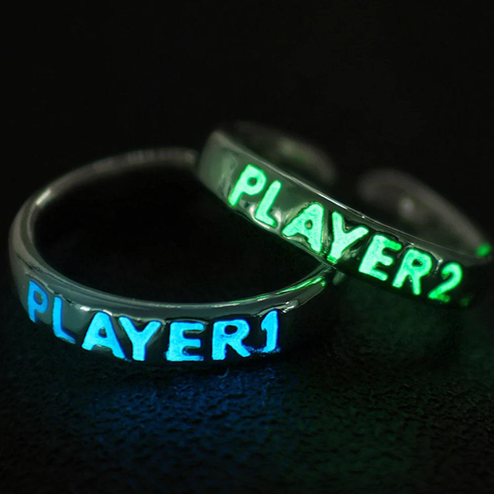 Luminous Ring for Couple Creative Glowing in the Dark Player 1 Player 2 Matching Gaming Ring for Women Men Valentine's Day Gift