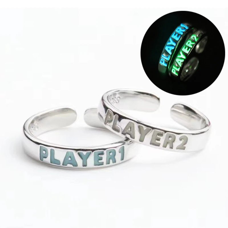 Luminous Ring for Couple Creative Glowing in the Dark Player 1 Player 2 Matching Gaming Ring for Women Men Valentine's Day Gift