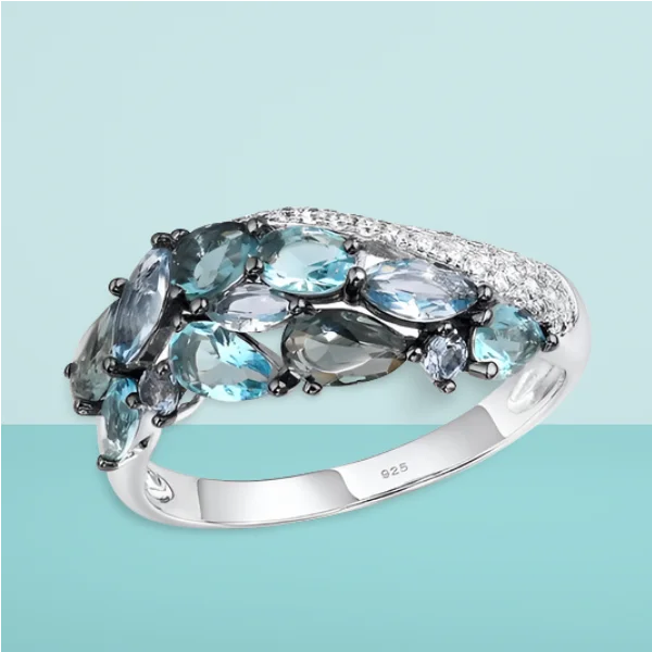 Luxury Aquamarine Crystal Rings for Women Geometric Sapphire Ring Bridal Wedding Engagement Ring Valentines Day Gift Jewelry