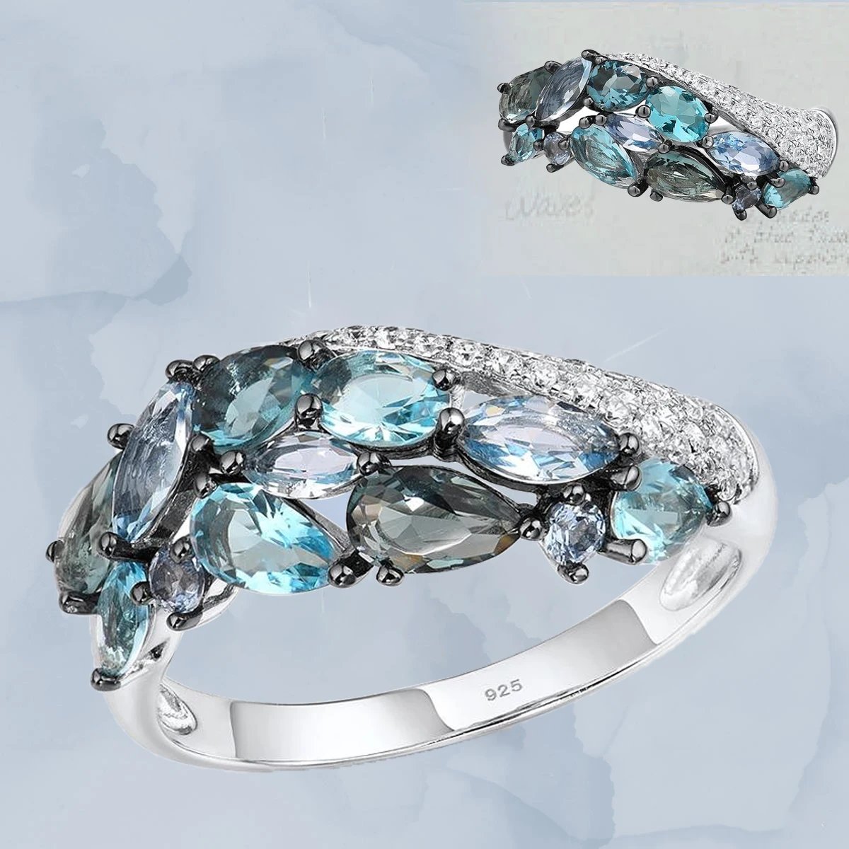 Luxury Aquamarine Crystal Rings for Women Geometric Sapphire Ring Bridal Wedding Engagement Ring Valentines Day Gift Jewelry