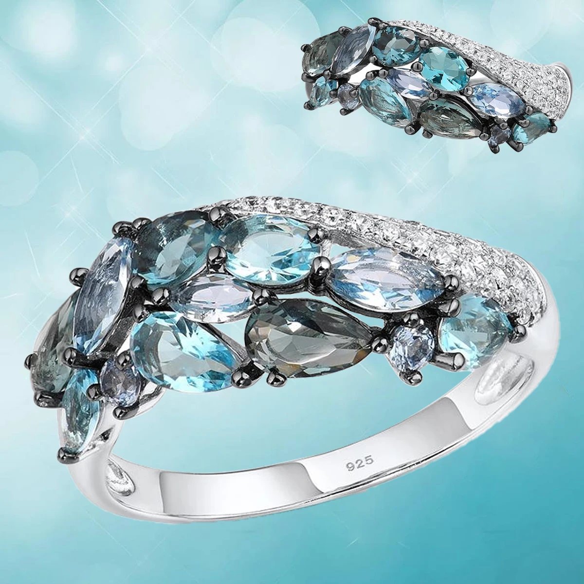 Luxury Aquamarine Crystal Rings for Women Geometric Sapphire Ring Bridal Wedding Engagement Ring Valentines Day Gift Jewelry