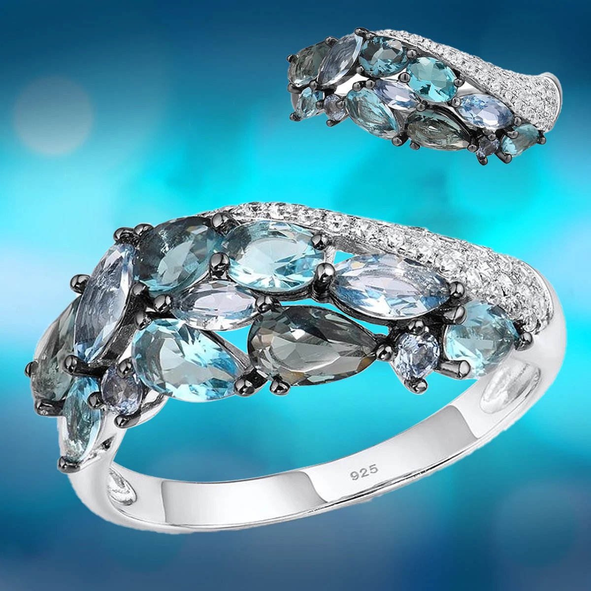 Luxury Aquamarine Crystal Rings for Women Geometric Sapphire Ring Bridal Wedding Engagement Ring Valentines Day Gift Jewelry