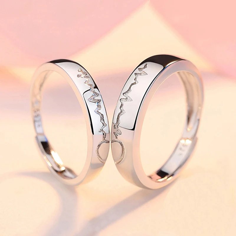 2Pcs/set Romantic Couple Rings For Women Men Punk Heart ECG Black White Forever Love Promise Wedding Ring Valentine'S Day Gift