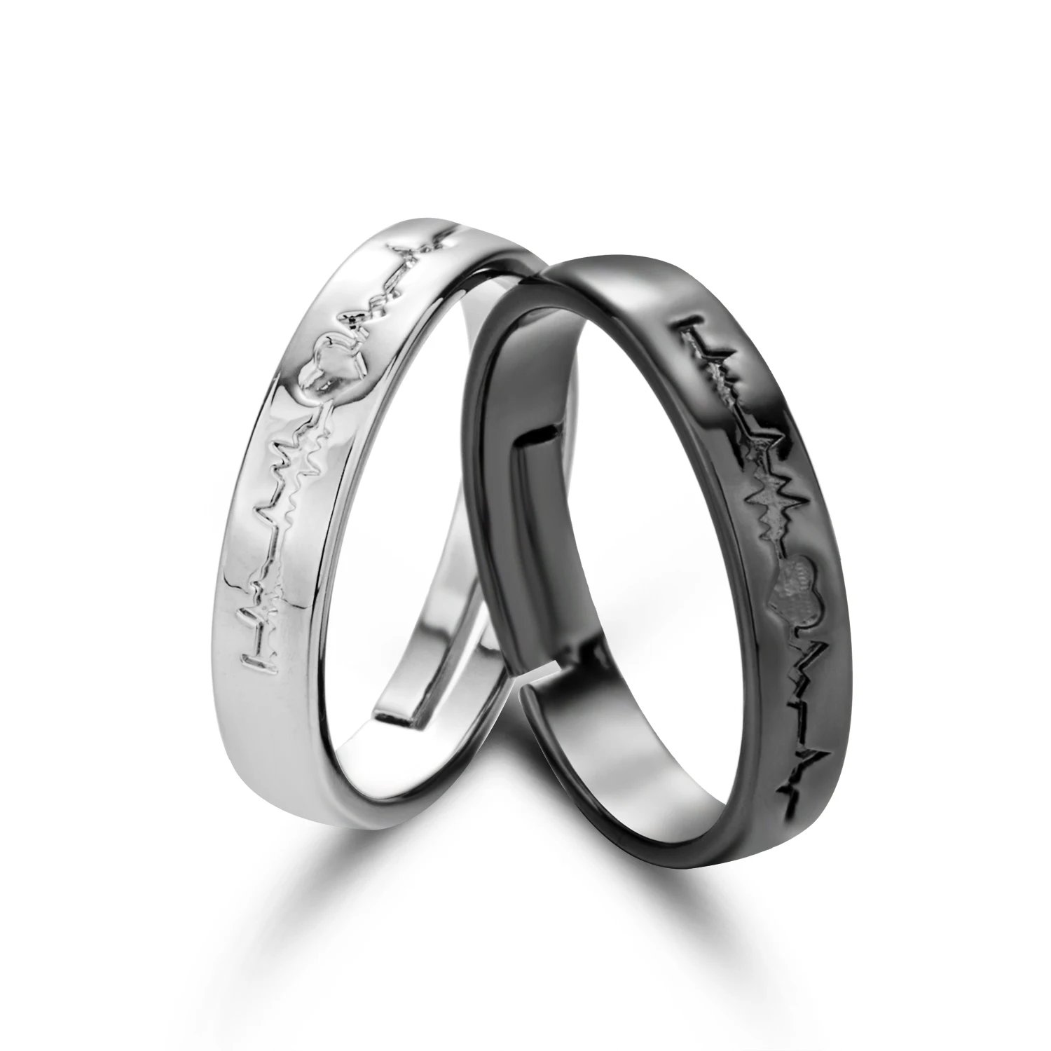 2Pcs/set Romantic Couple Rings For Women Men Punk Heart ECG Black White Forever Love Promise Wedding Ring Valentine'S Day Gift