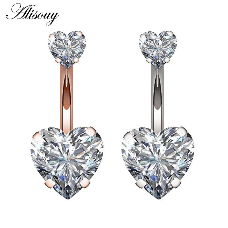 Alisouy 1pc Navel Belly Stainless Steel Belly Button Rings Crystal CZ Piercing Navel Heart Style Piercing Women Sex Body Jewelry