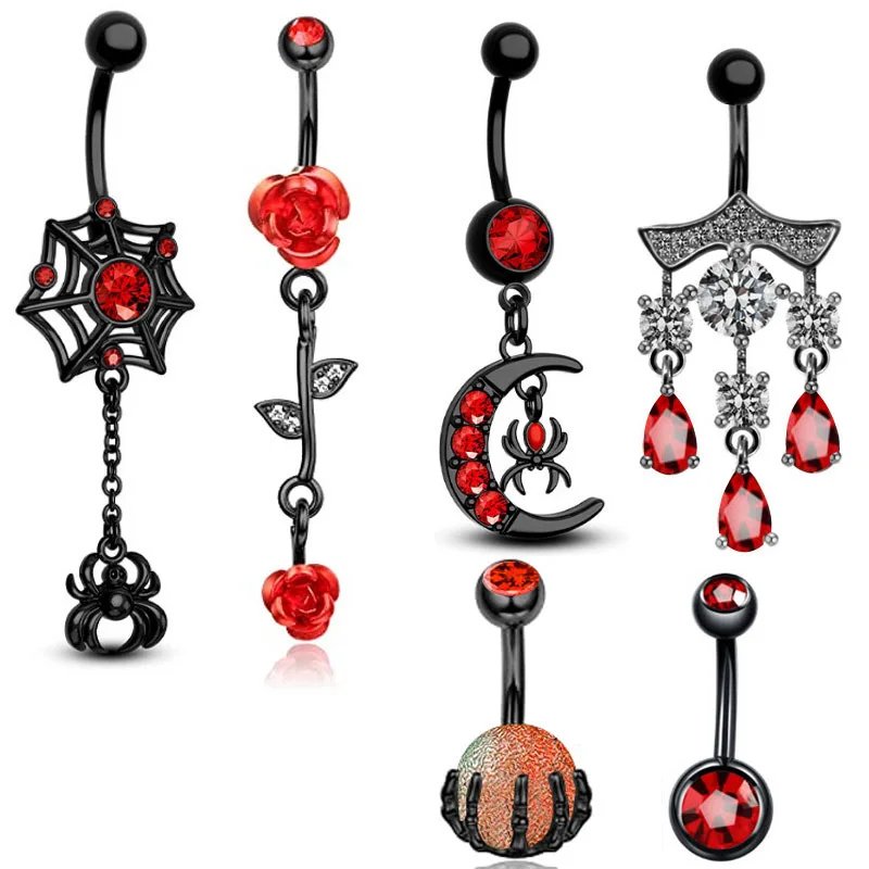 1PC Red Black Bat Belly Button Ring Surgical Steel Cross Navel Piercing Dangle Snake Belly Button Jewelry Women Piercing Ombligo