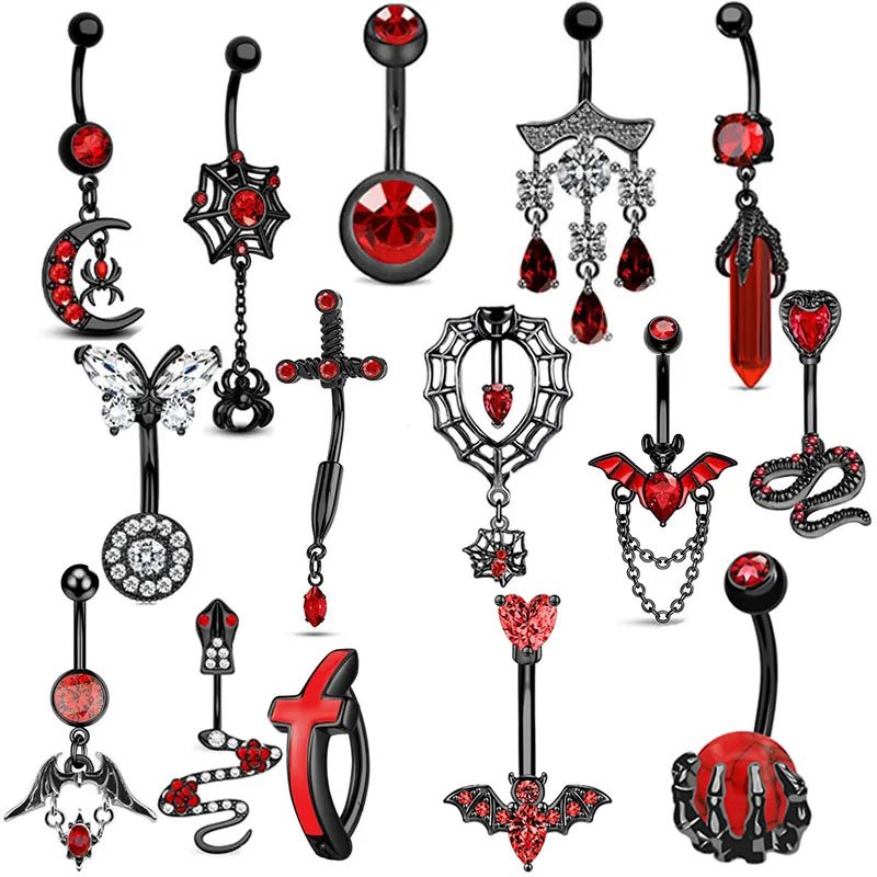 1PC Red Black Bat Belly Button Ring Surgical Steel Cross Navel Piercing Dangle Snake Belly Button Jewelry Women Piercing Ombligo