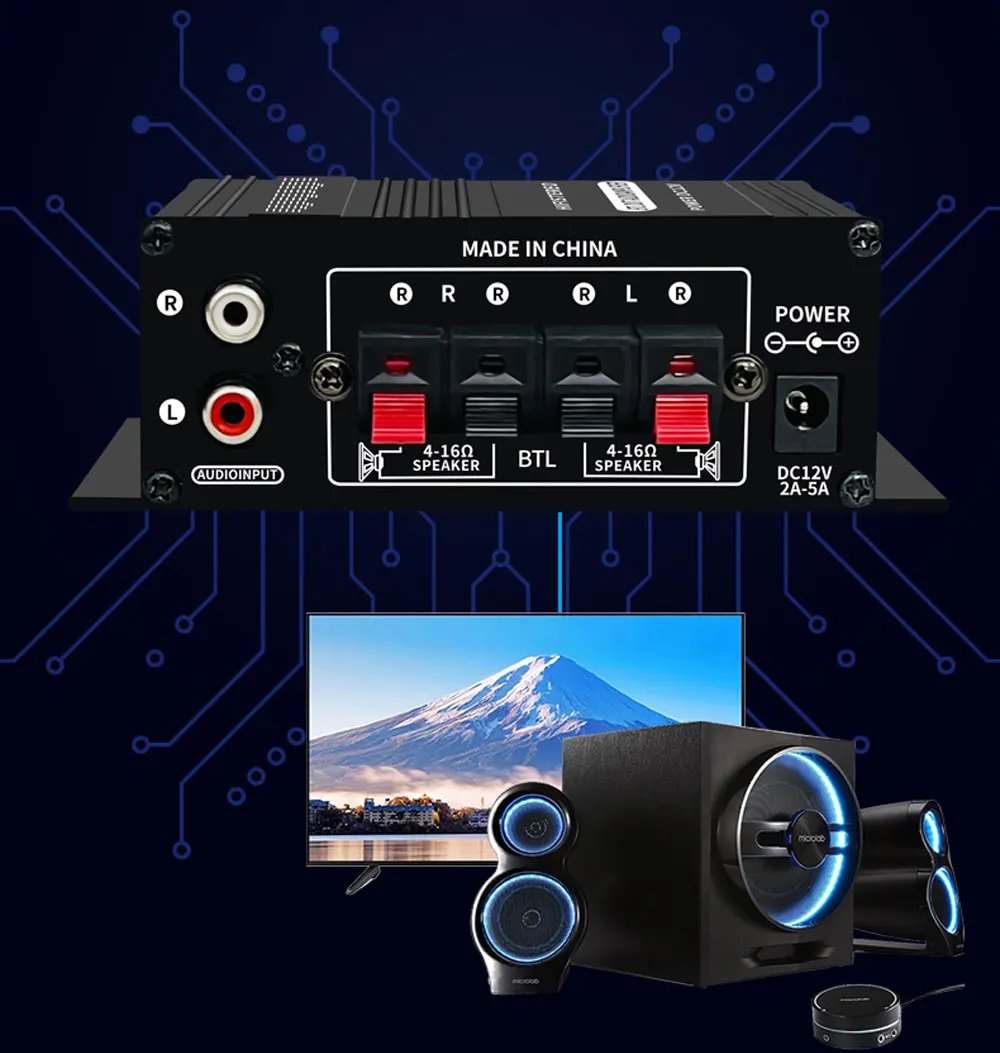 AK-270 HIFI Amplifier 2.0 Channel Home Amp Bass and Treble Adjustment Stereo Audio Home Cinema Sound System DC12V Black MP3