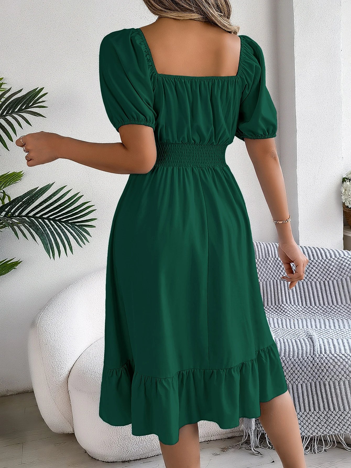 2024 New Fashion Solid Puff Sleeve Square Neck Ruched Bust Ruffle Hem Wasit Dress, Women's Clothing