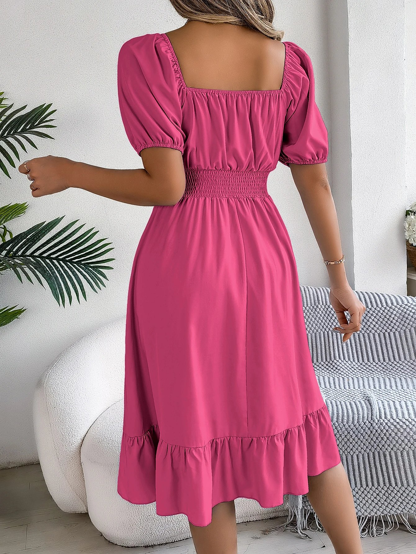 2024 New Fashion Solid Puff Sleeve Square Neck Ruched Bust Ruffle Hem Wasit Dress, Women's Clothing