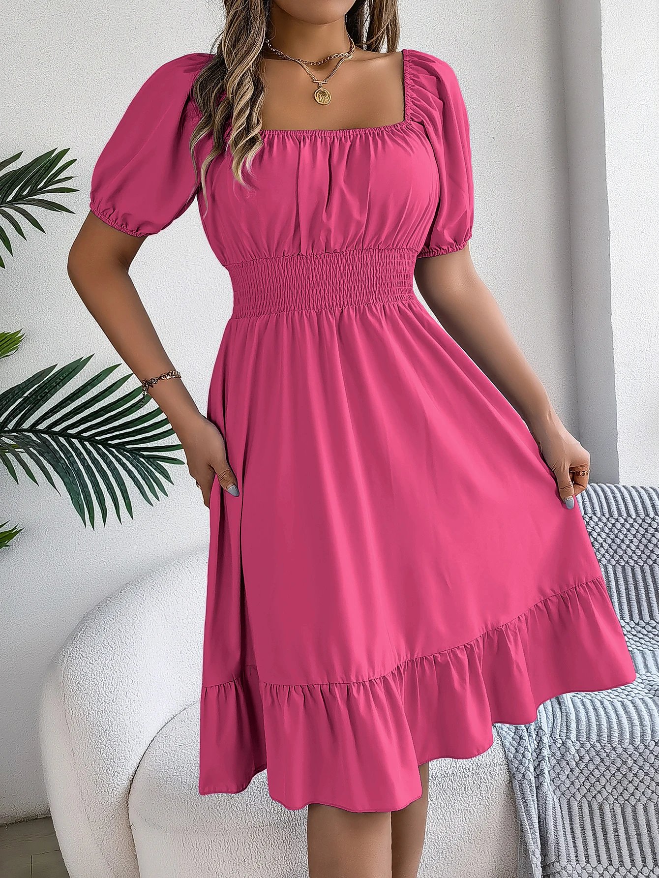 2024 New Fashion Solid Puff Sleeve Square Neck Ruched Bust Ruffle Hem Wasit Dress, Women's Clothing