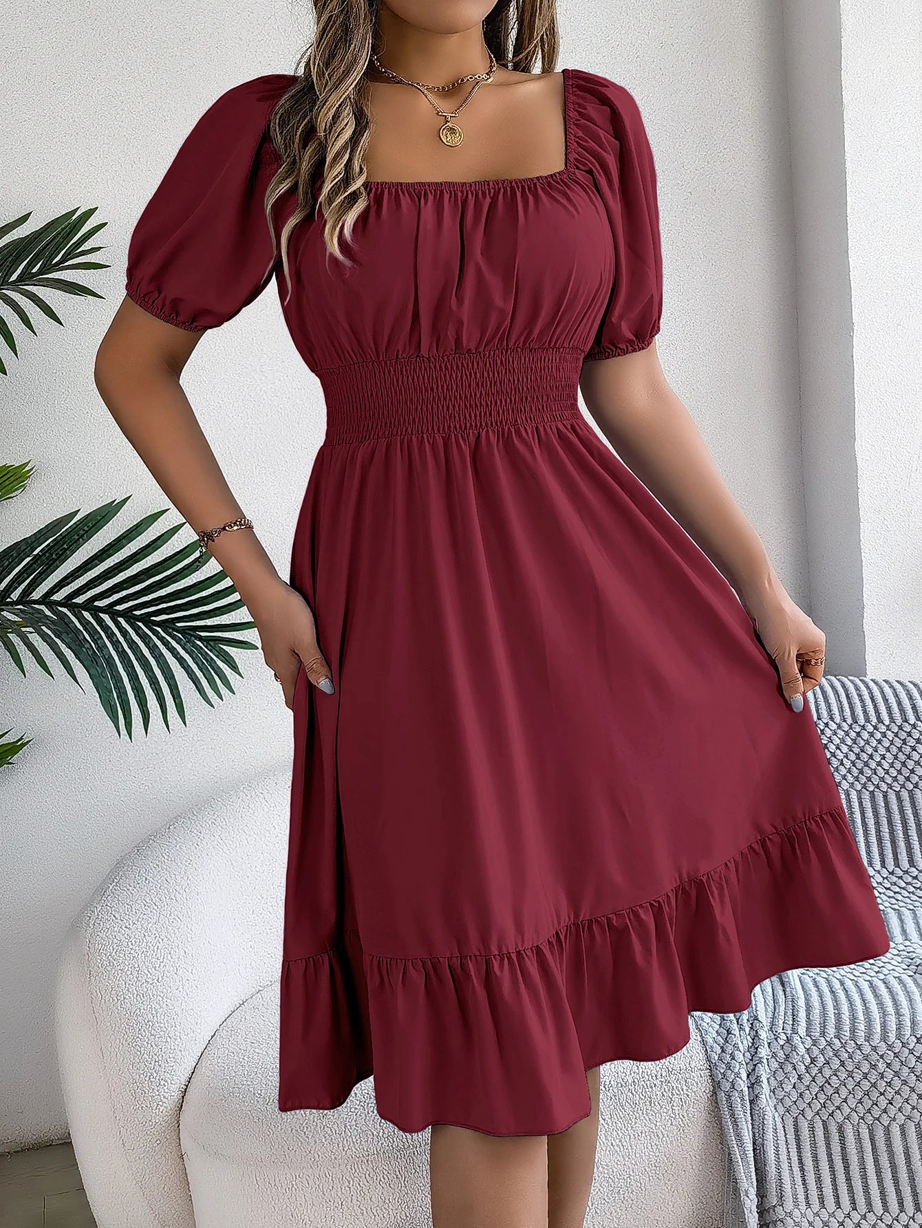 2024 New Fashion Solid Puff Sleeve Square Neck Ruched Bust Ruffle Hem Wasit Dress, Women's Clothing
