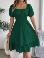 2024 New Fashion Solid Puff Sleeve Square Neck Ruched Bust Ruffle Hem Wasit Dress, Women's Clothing - Image 4