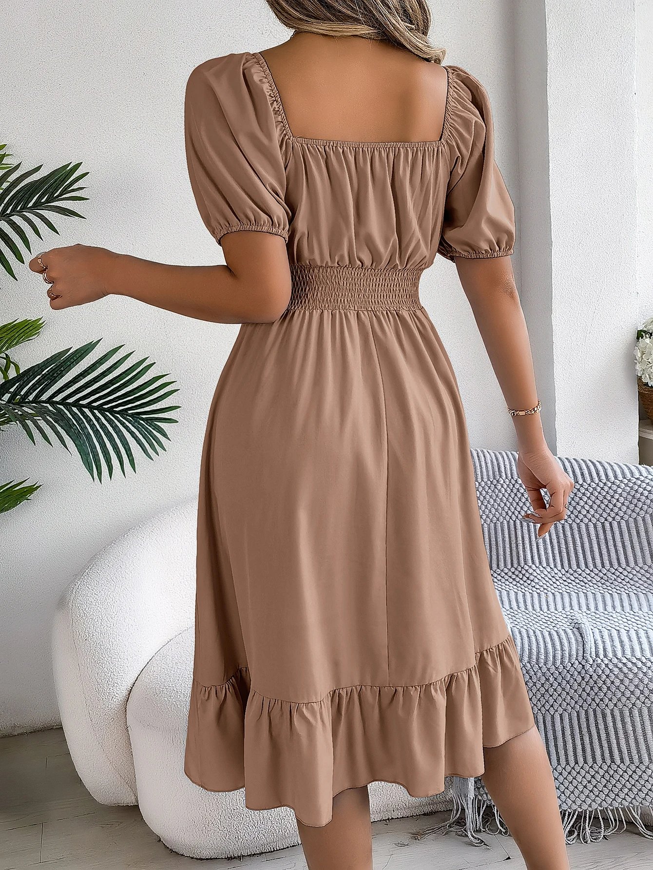 2024 New Fashion Solid Puff Sleeve Square Neck Ruched Bust Ruffle Hem Wasit Dress, Women's Clothing