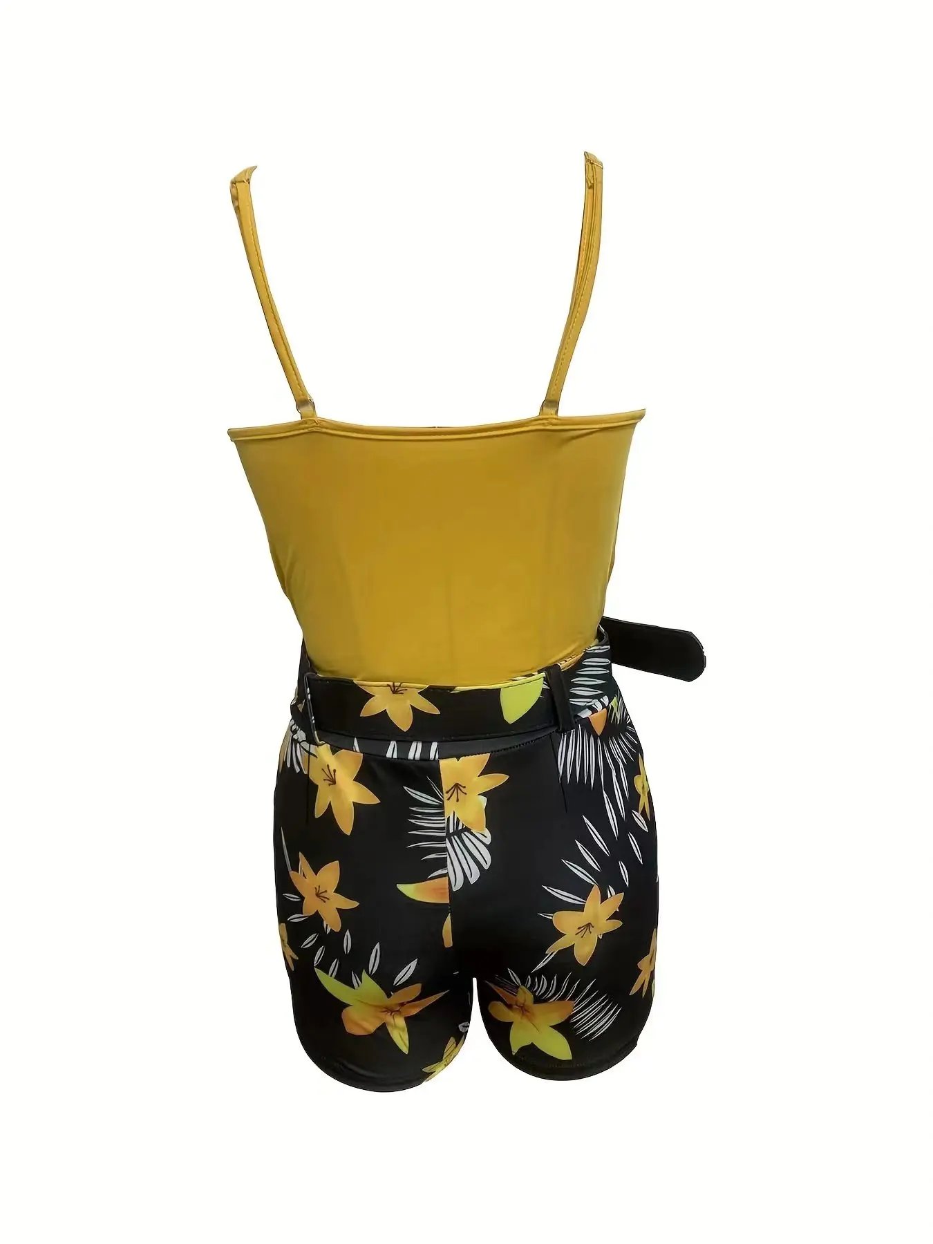 European and American Cross-border New Women's Clothing V-neck Camisole and Plant Print Shorts Set with Belt