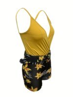 European and American Cross-border New Women's Clothing V-neck Camisole and Plant Print Shorts Set with Belt - Image 3