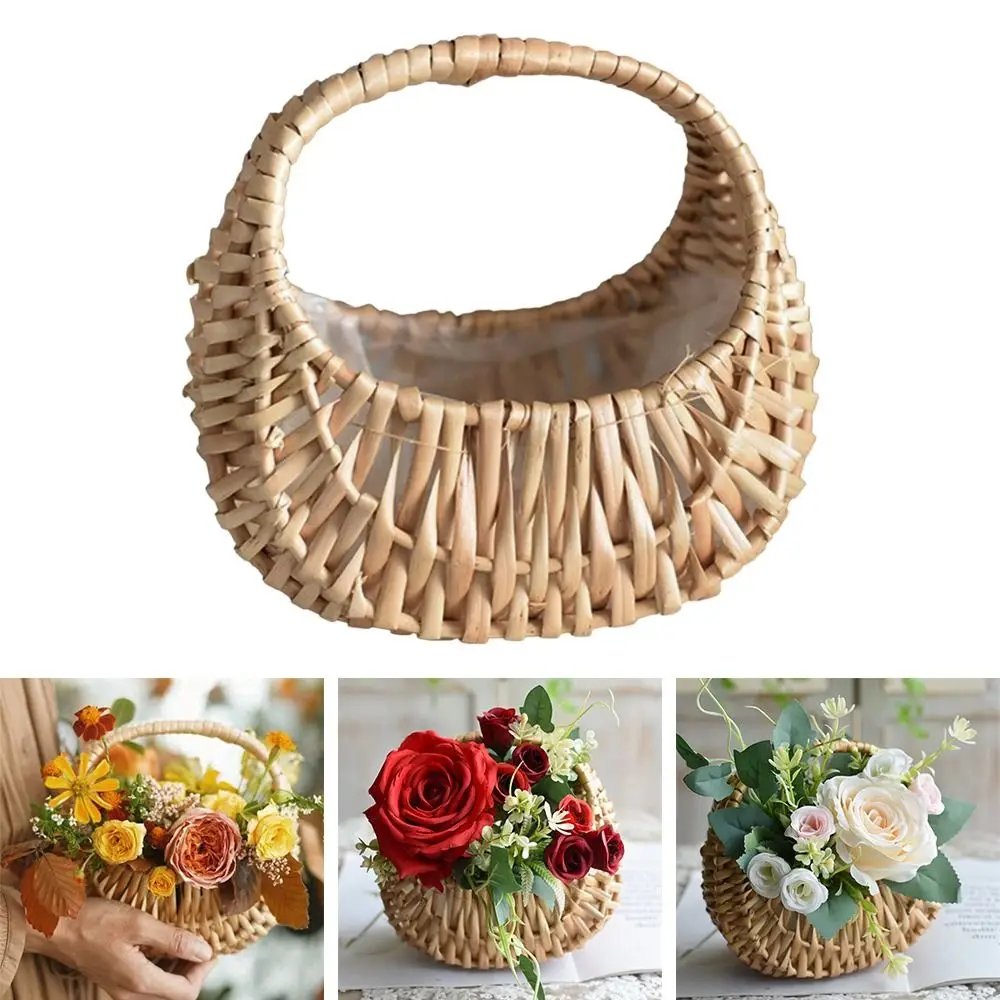 Willow Rattan Flower Girl Baskets Yellow Woven Basket Flower Arrangement Basket Sturdy Handmade Wicker Half Moon Baskets Wedding