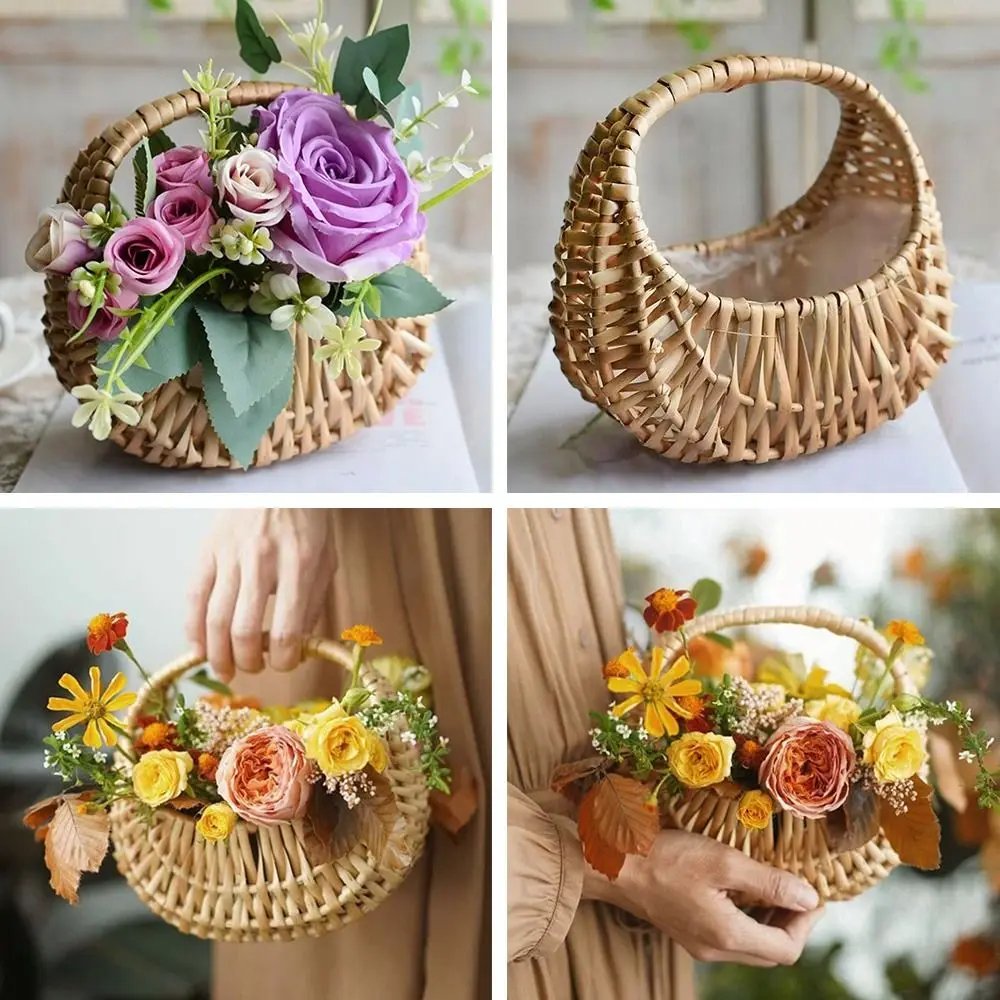 Willow Rattan Flower Girl Baskets Yellow Woven Basket Flower Arrangement Basket Sturdy Handmade Wicker Half Moon Baskets Wedding