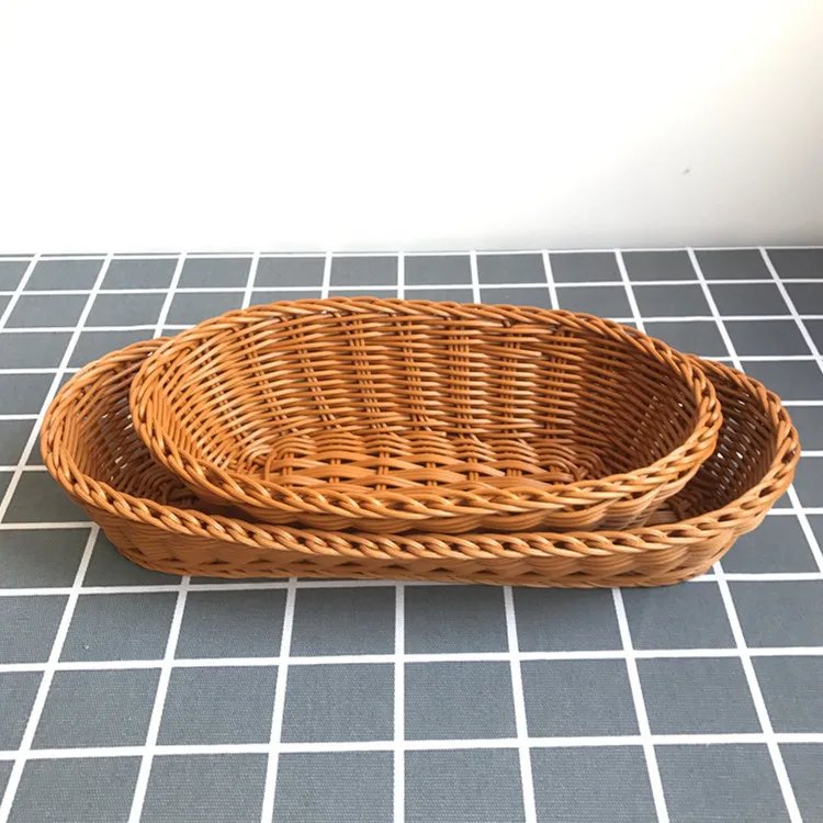 Oval Curved Rattan Wicker Woven Serving Baskets for Bread Fruit Vegetables Restaurant Serving Tabletop Display Rattan Basket