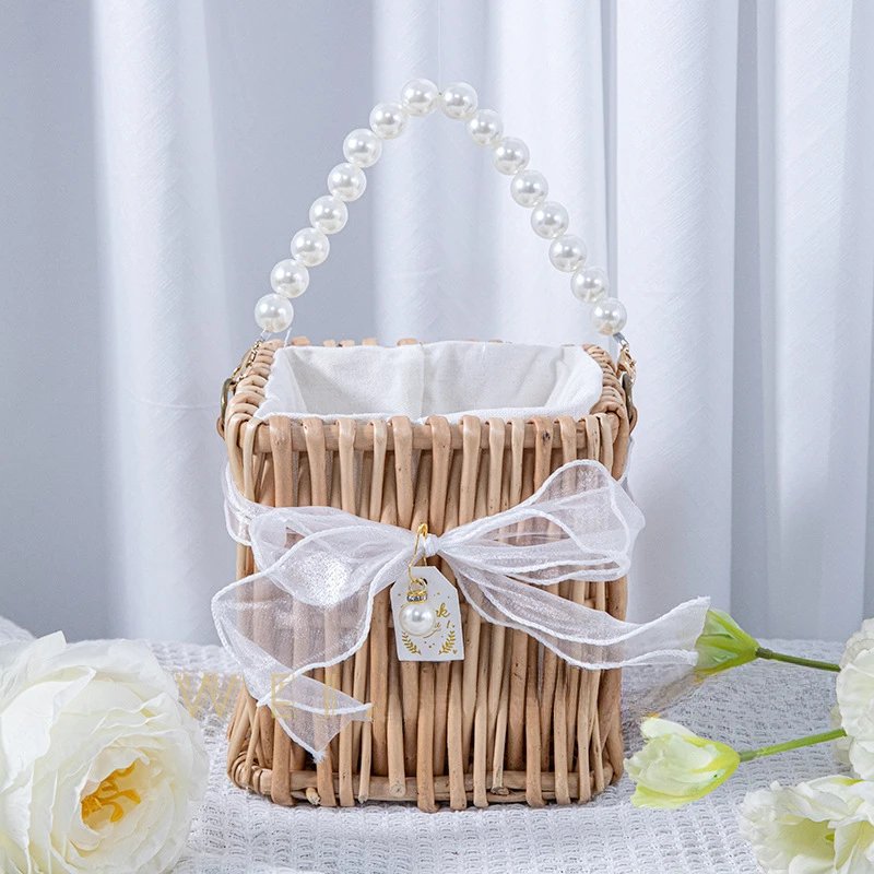 Handmade Woven Pearl Handheld Wicker Basket with White Linner for Bridesmaids, Square, Round Willow Gift Box, Storage Bag