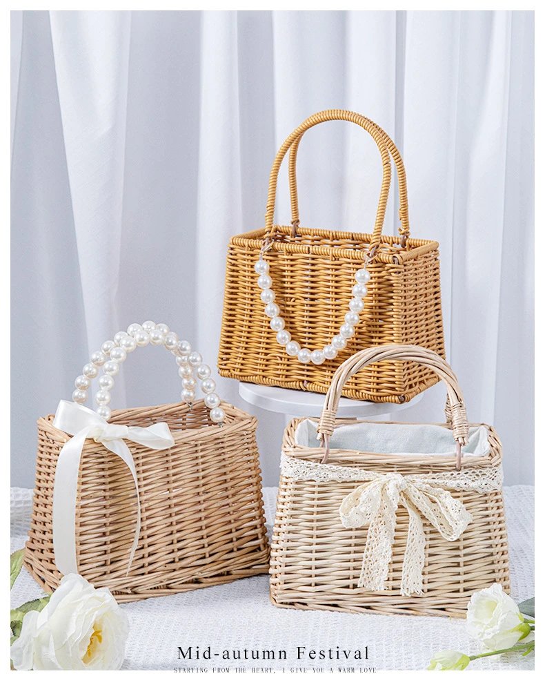 Handmade Woven Pearl Handheld Wicker Basket with White Linner for Bridesmaids, Square, Round Willow Gift Box, Storage Bag