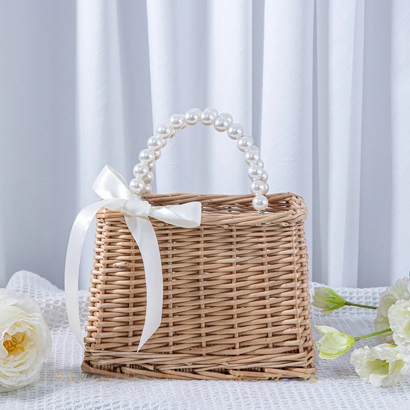 Handmade Woven Pearl Handheld Wicker Basket with White Linner for Bridesmaids, Square, Round Willow Gift Box, Storage Bag