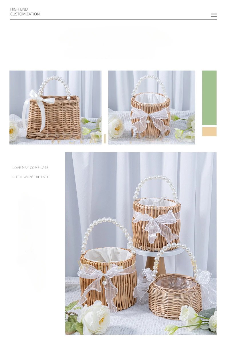 Handmade Woven Pearl Handheld Wicker Basket with White Linner for Bridesmaids, Square, Round Willow Gift Box, Storage Bag