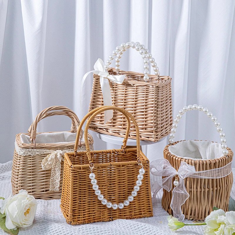 Handmade Woven Pearl Handheld Wicker Basket with White Linner for Bridesmaids, Square, Round Willow Gift Box, Storage Bag