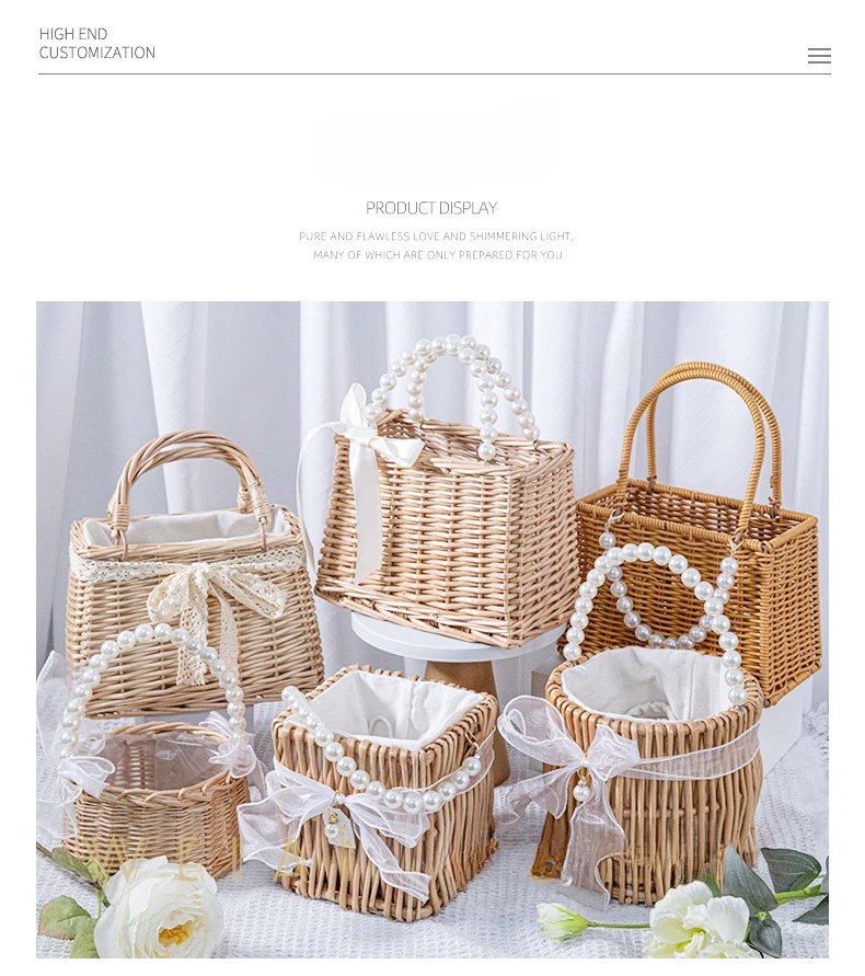 Handmade Woven Pearl Handheld Wicker Basket with White Linner for Bridesmaids, Square, Round Willow Gift Box, Storage Bag