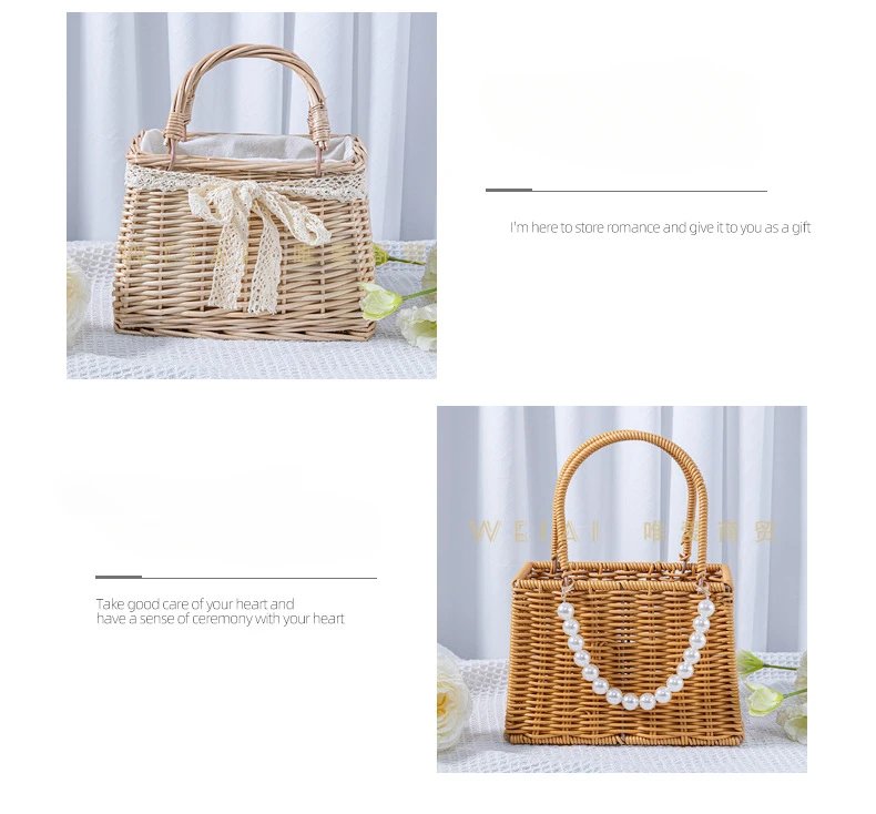 Handmade Woven Pearl Handheld Wicker Basket with White Linner for Bridesmaids, Square, Round Willow Gift Box, Storage Bag