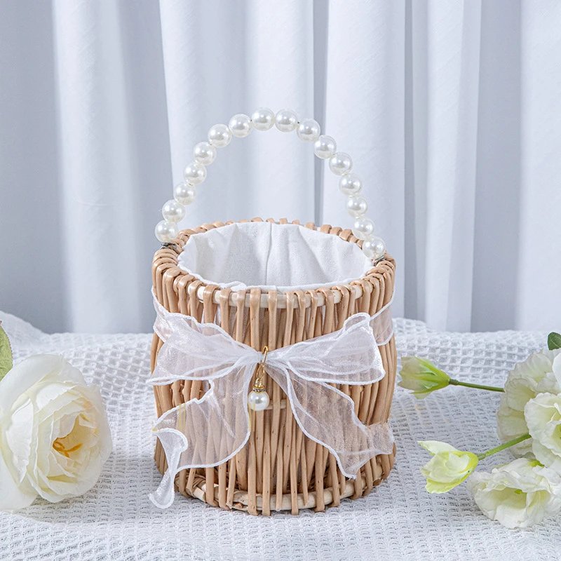 Handmade Woven Pearl Handheld Wicker Basket with White Linner for Bridesmaids, Square, Round Willow Gift Box, Storage Bag