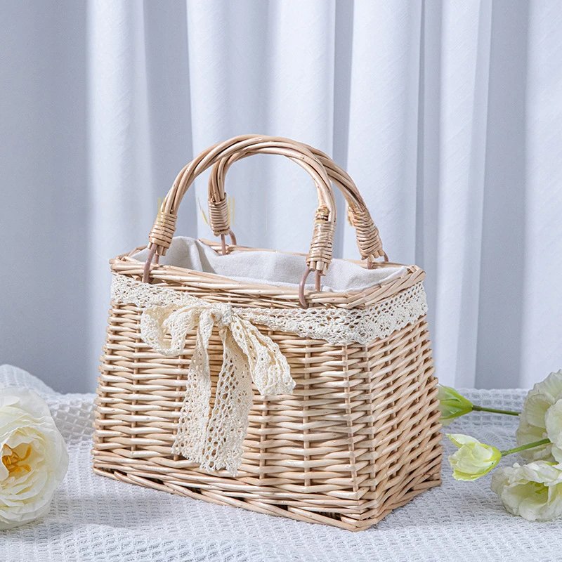 Handmade Woven Pearl Handheld Wicker Basket with White Linner for Bridesmaids, Square, Round Willow Gift Box, Storage Bag